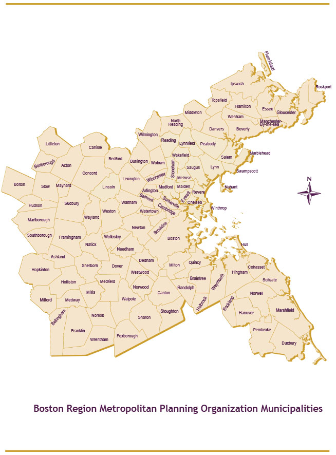 This image is a map of the Boston Region MPO region. This map includes the boundaries of the 101 cities and towns that are located within the region.

